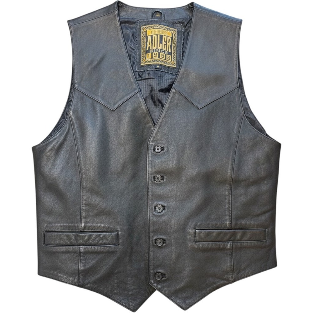 Adler Leather Vest Mens Medium Black EUC Western Biker Button Front V-Neck